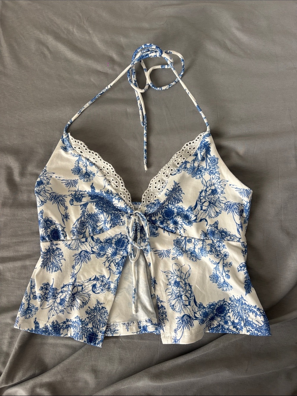 Shein Blue Floral Eyelet Halter Camisole Top - Women
